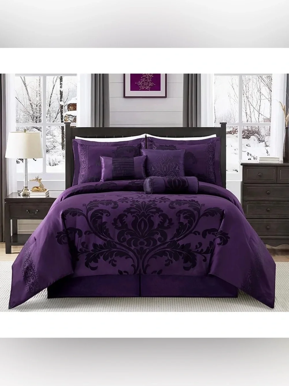 Plush Purple Damask Queen 3 piece Comforter Set